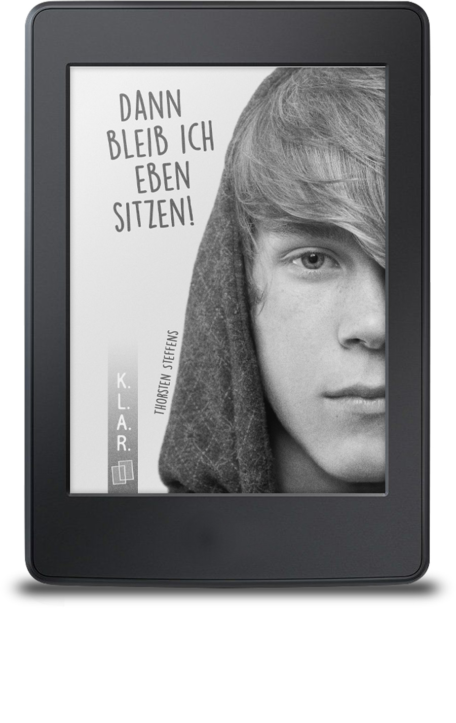 E-Book-Reader mit dem Cover von Dann bleib ich eben sitzen in schwarz weiß